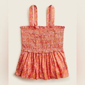 J. Crew Smocked Featherweight Satin Tank Top in Coral Meadow Floral